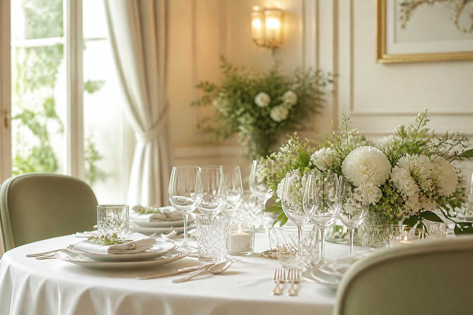 Mesa montada con mantelería de lino, cristalería y flores blancas en un comedor luminoso