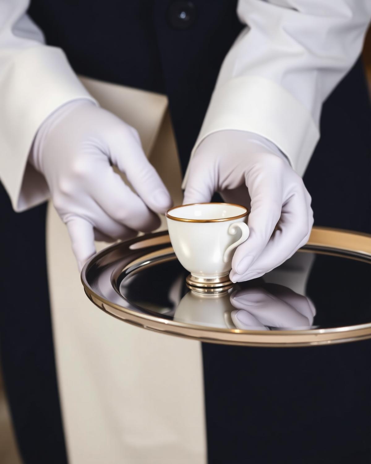 Manos con guantes blancos presentando una taza de porcelana sobre charola